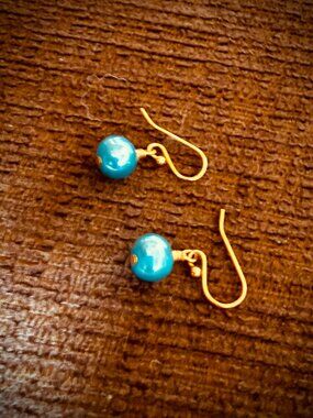 Vintage turquoise-blue pearl ball drop earrings with yellow gold wire hooks